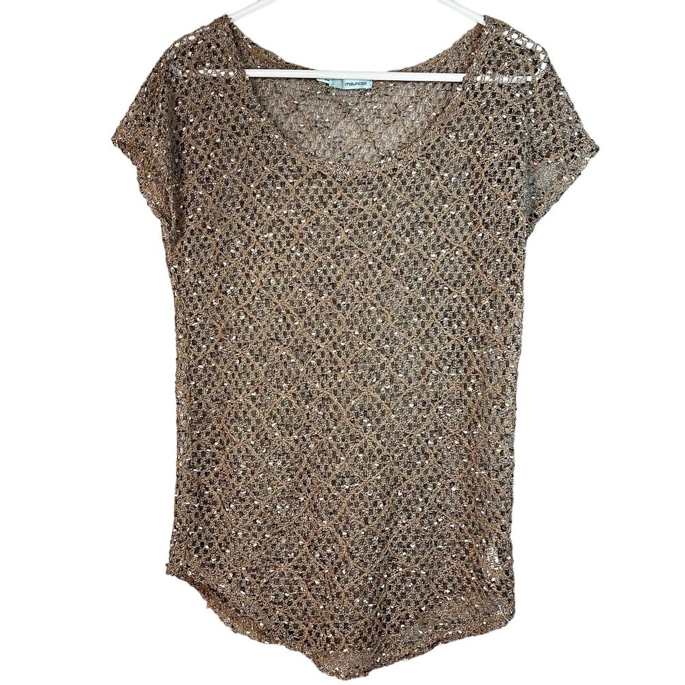 Maurice’s Cap sleeve open knit mesh brown tan sweater size small